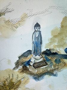 Boddhi Vasta, detail schilderij Japanse Alpen, aquarel en potlood